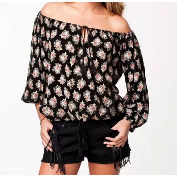 Ralph Lauren Denim & Supply Floral Boho Top Sz S Black Off Shoulder Pullover - Picture 8 of 9